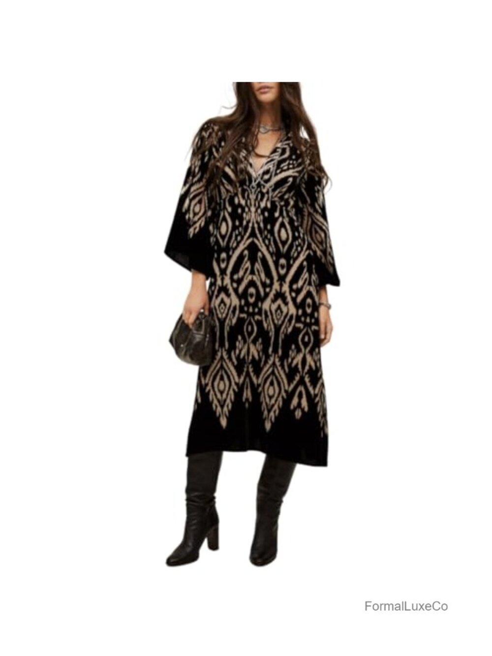 Burnout Velvet Midi Dress Plunging V-Neck Kimono Sleeve